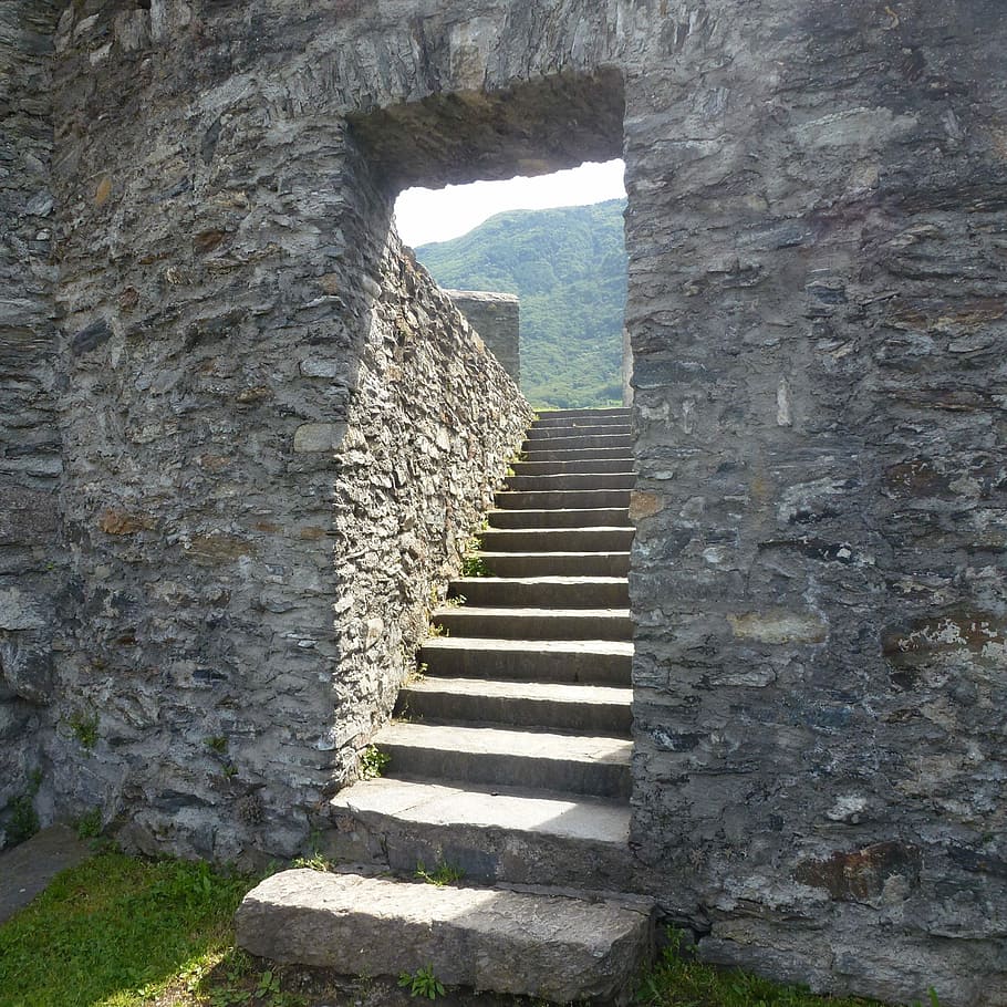 階段, 石, 石の階段, 出現, 通路, カステルグランデ, ベリンツォーナ, 城, 中世, 興味の場所