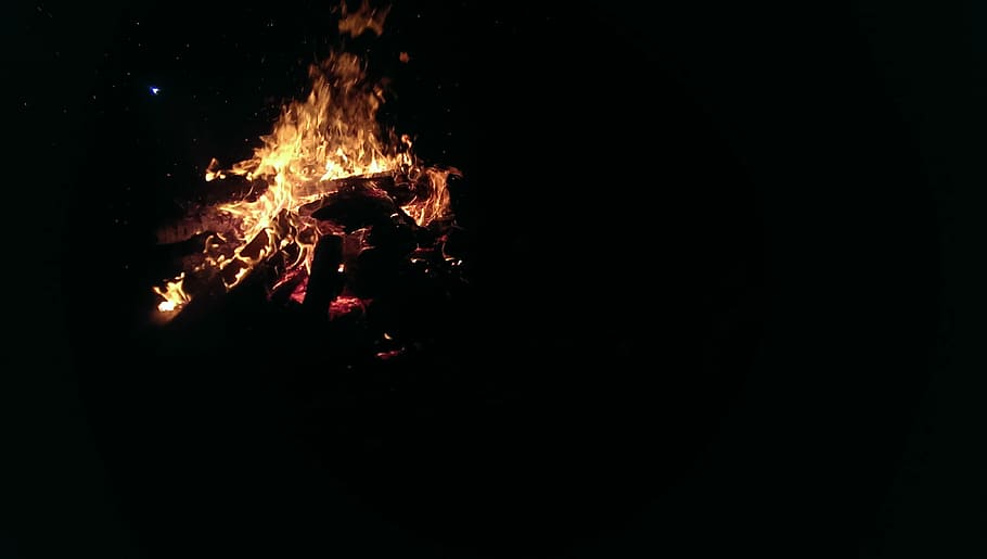 lighted bonfire, dark, night, fire, flame, bonfire, hot, light, firewood, burning