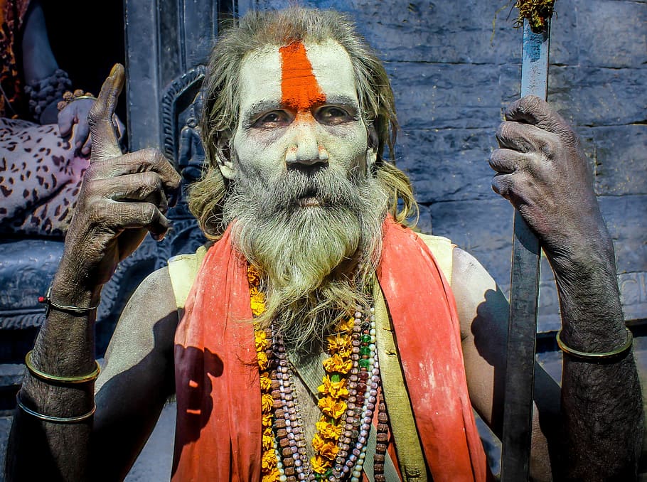 man, wearing, orange, scarf, holding, rod, hinduism, hindu, person, culture