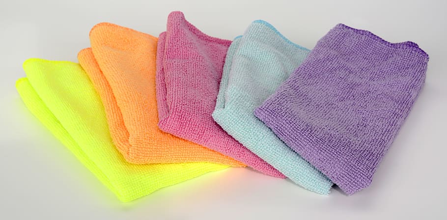 yellow, orange, purple, teal, pink, textiles, micro-fiber cloth, clean, cleaning rags, make clean
