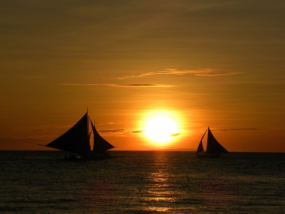 siluet, dua, bot berlayar, matahari terbenam, berlayar, kapal, laut, perjalanan, liburan, matahari