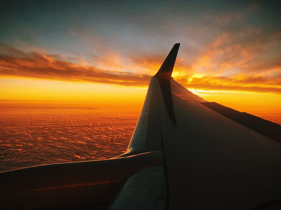 landscape photography, plane wing, aerial, shot, plane, s, wing, body, water, sunset