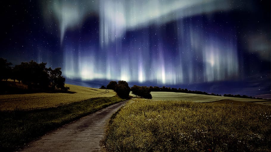 green, grass field, background, aurora beam, northern lights, landscape, aurora, borealis, phenomenon, atmosphere