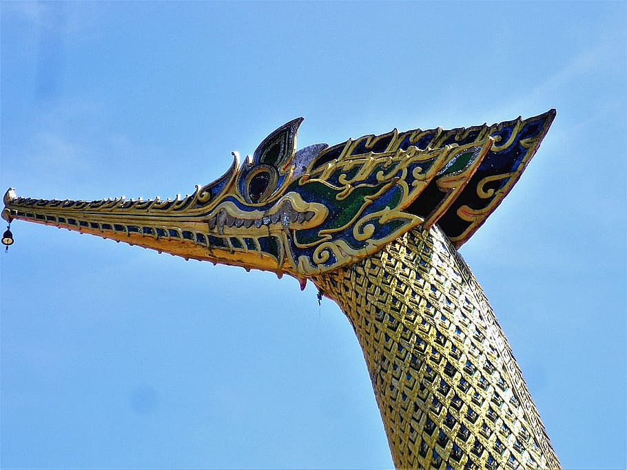 brass-colored dragon head statue, dragon's head, temple, thailand, gold, asia, head, skull, architecture, sky