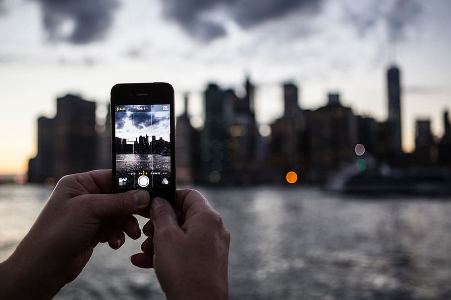 móvel, usuário de smartphone, captura, novo, cidade de york, iPhone, smartphone, usuário, horizonte de Manhattan, DUMBO