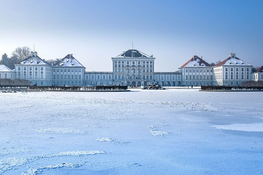 snow covered grounds, nymphenburg palace, munich, bavaria, castle nymphenburg, castle, nymphenburg, park, castle park, water