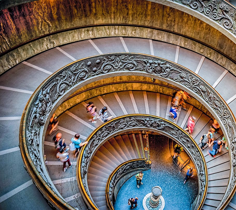 people, walking, spiral stair case, stairs, circular staircase, vatican museum, circle, vatican, circular, staircase