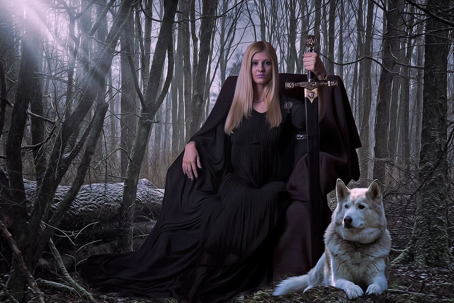 woman, wearing, black, dress, holding, sword, sitting, white, siberian, husky