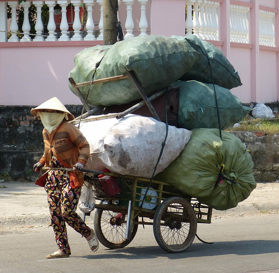 person, carrying, bicycle trailer, pile, sack, daytime, Vietnam, Phu Quoc, Garbage, Waste