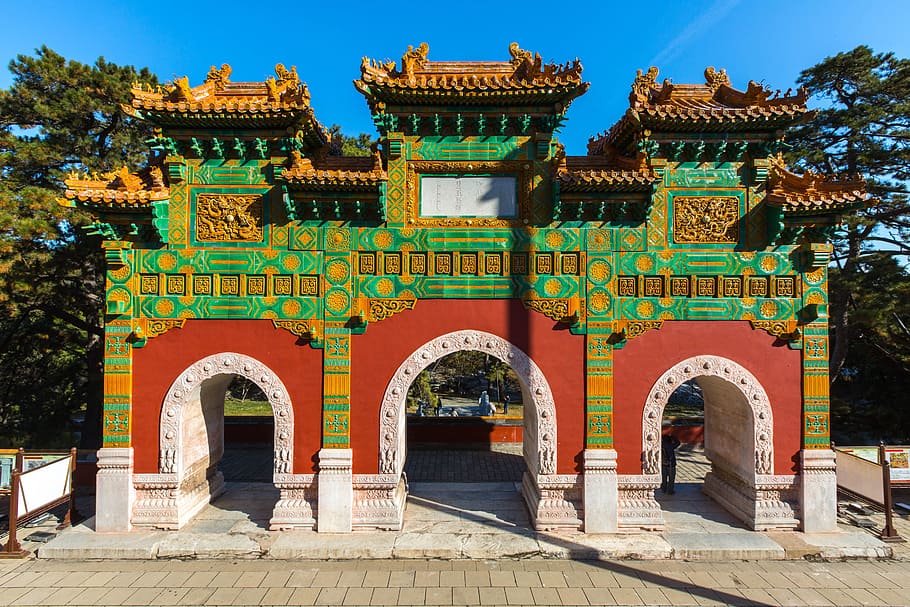red, green, concrete, temple front, trees, Chinese, Gate, Emperor, Pagoda, Cultural, chinese