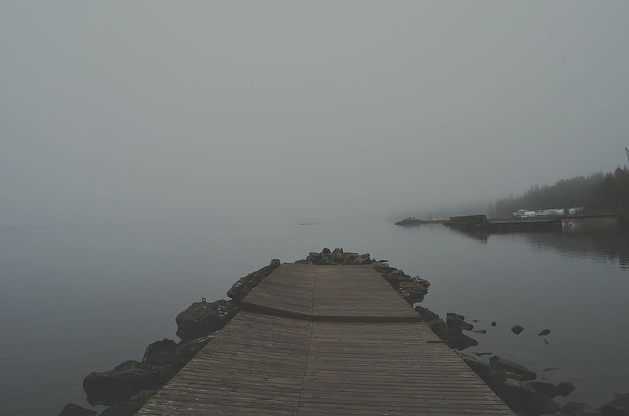 brown, wooden, port, body, water, dock, near, grey, mist, fog
