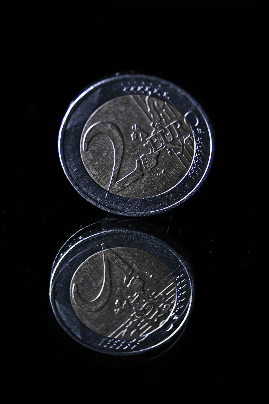 coin, euro, currency, money, loose change, € coin, metal money, mirroring, 2 pieces, finance