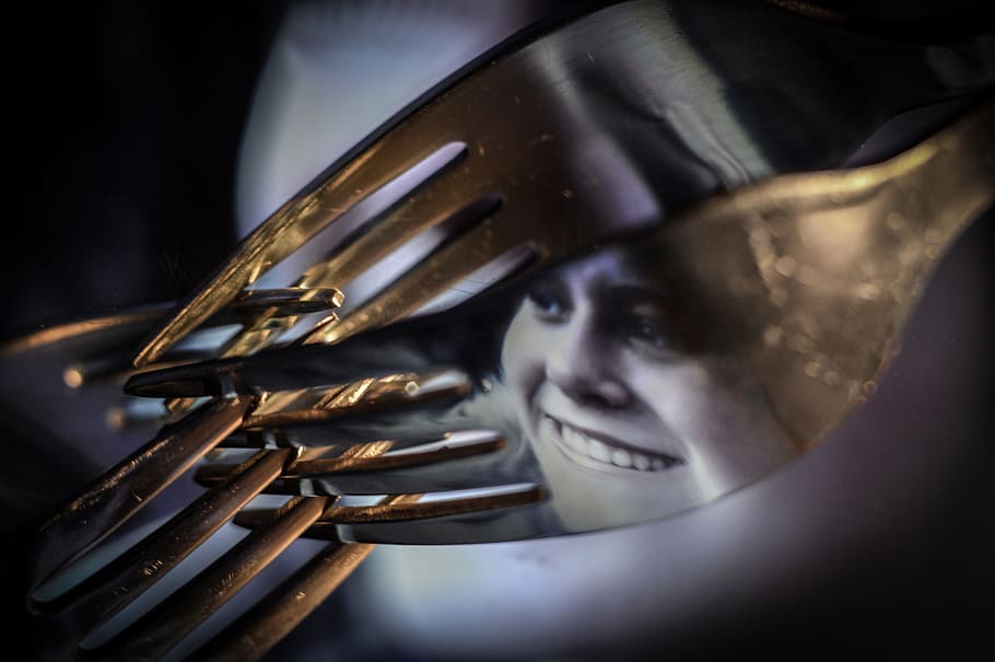 Fork, Article 1, Heat, article 1 2, the art of, reflection, girl, a smile, closeup, zoom