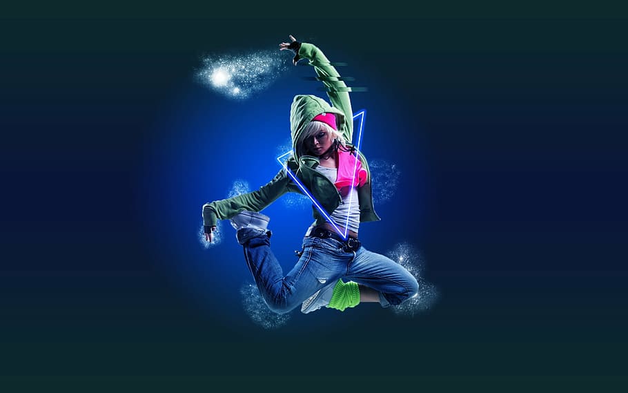 person, wearing, green, hoodie, blue, jeans wallpaper, dance, girl, electro, jump