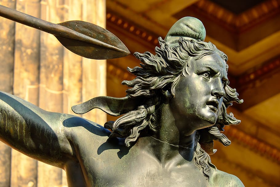closeup, male, statue, holding, spear, sculpture, bronze, woman, amazone, fighter