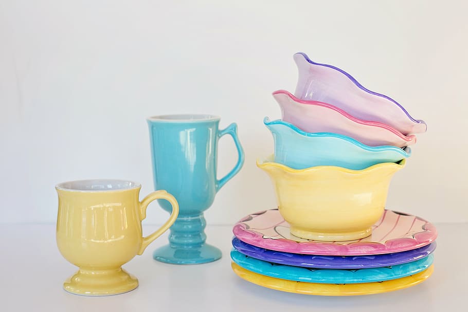 assorted-color dinnerware set, dishes, bowls, mugs, pastels, pastel, cup, dish, kitchen, ceramic
