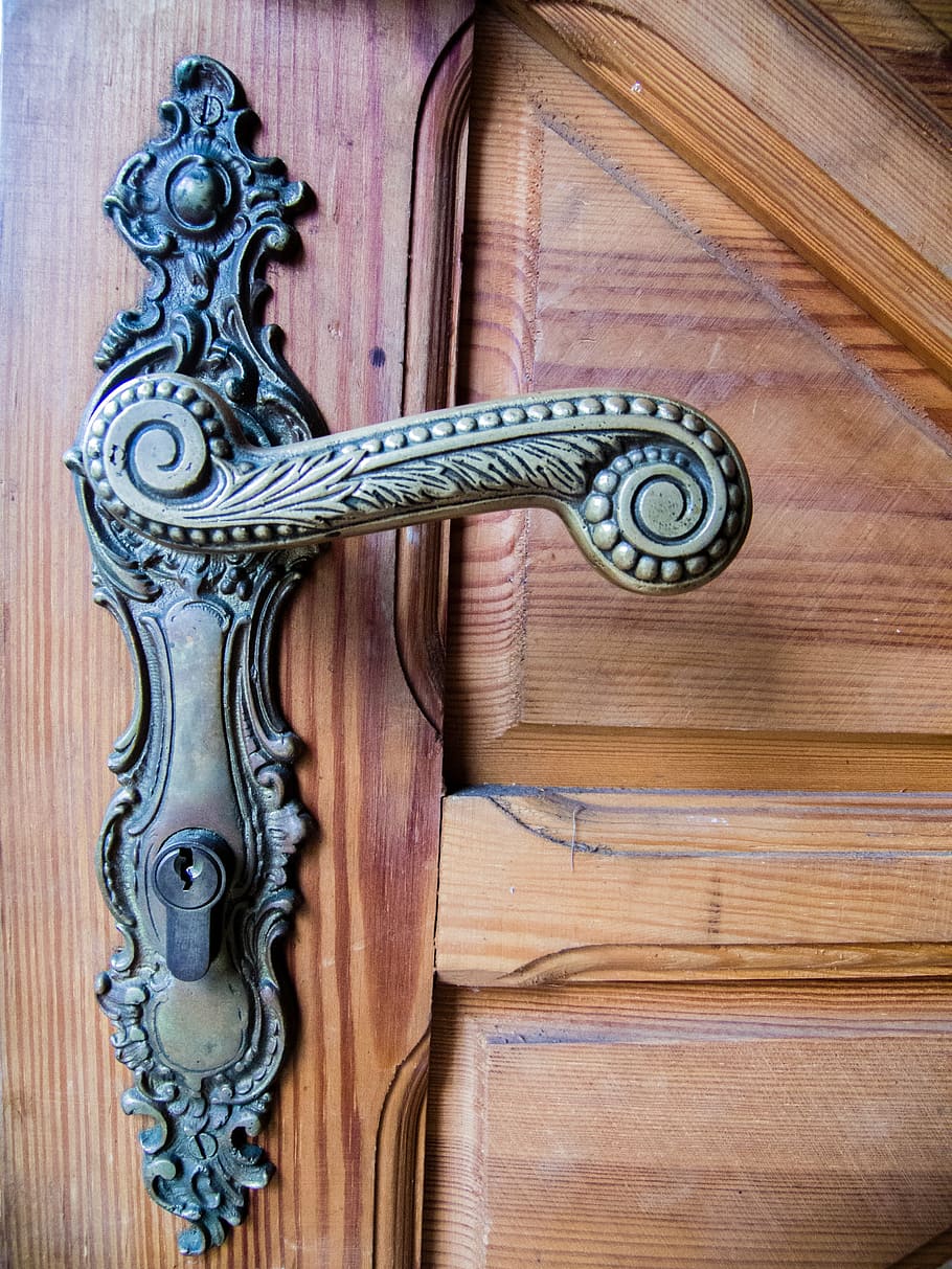 gold door lever, door handle, old, fancy, castle, brass, steel, decorative, ancient, decorating