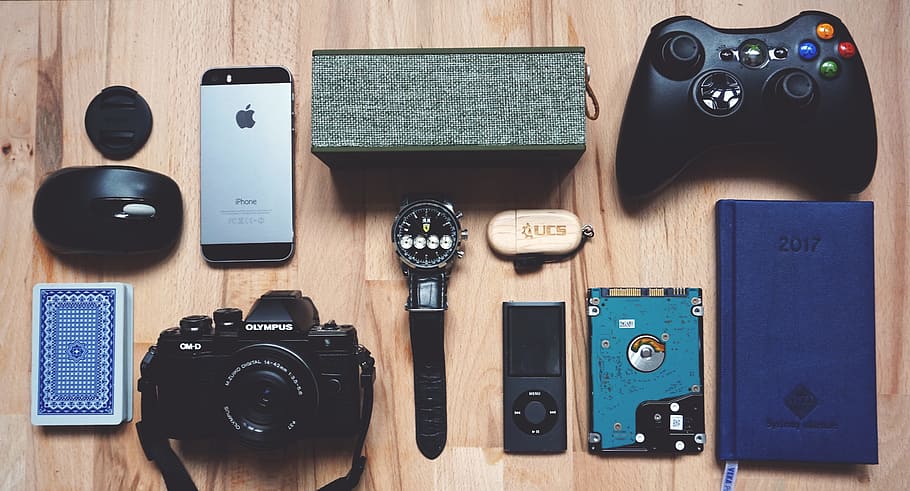black, olympus dslr camera, brown, surface, business, journal, notebook, ipod, camera, watch