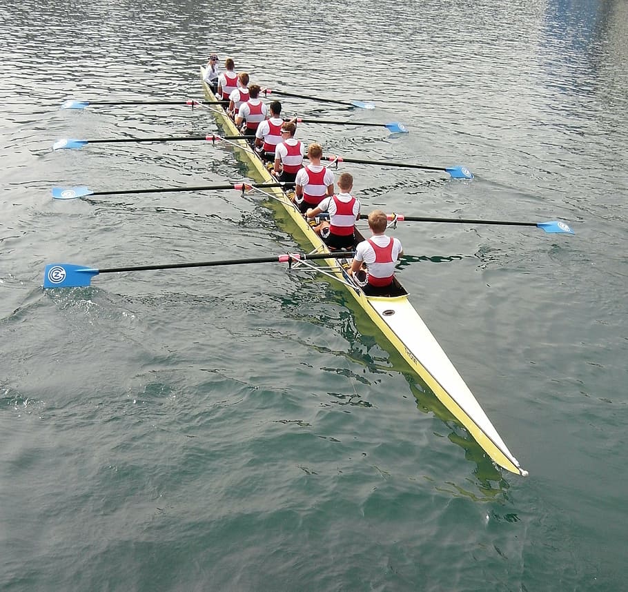 group, people paddling canoe, rowing, lucerne, reuss sprint, rowing race, reuss, river, water, switzerland