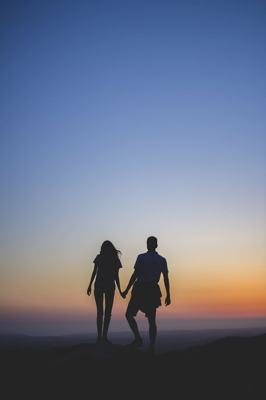 silhouette, man, woman, holding, hands, standing, surface, golden, hour, cliff
