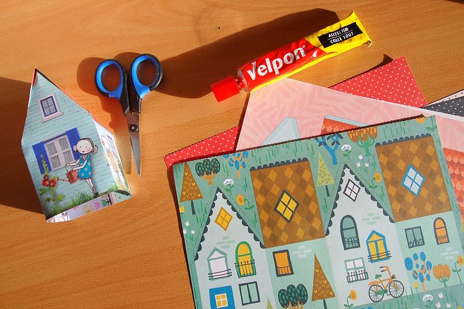 tinkering, folding, paper, cut, cottage, glue, scissors, table, craft, hand made