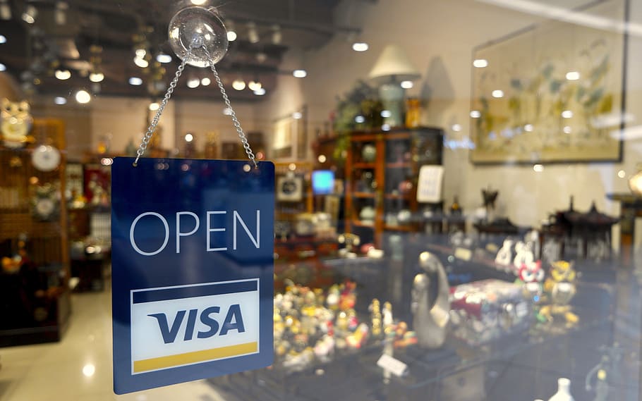 open visa signage, open sign, visa sign, open, store, sign, visa, credit card, business, shop