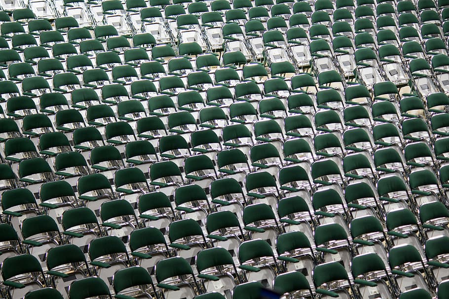 folding, chairs, white, surface, close, green, chair, lot, event, stadium