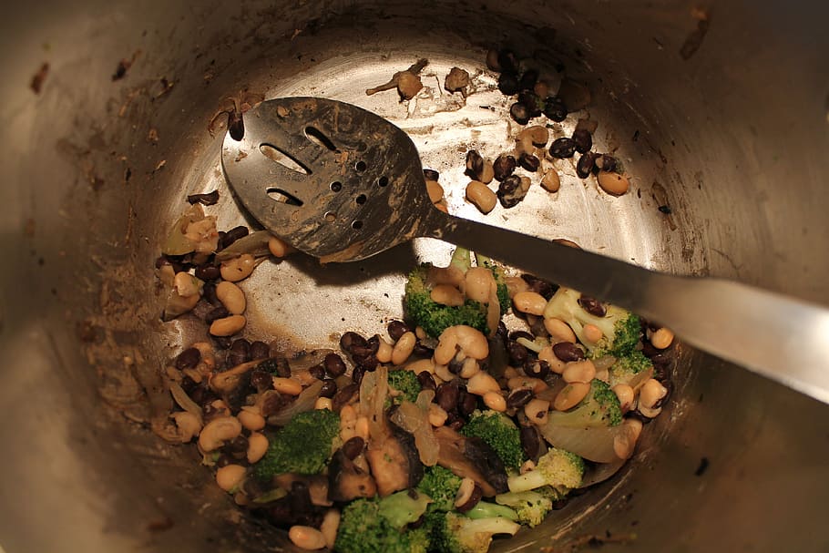 food, pot, spoon, cook, kitchen, cooking, hot pot, beans, broccoli, empty