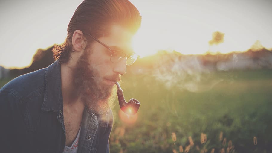 guy, man, beard, hair, glasses, pipe, smoke, smoking, field, sunset