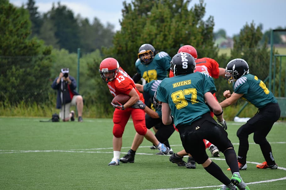 football, american football, helmet, red, jerseys, contact game, sport, fun, charge, win