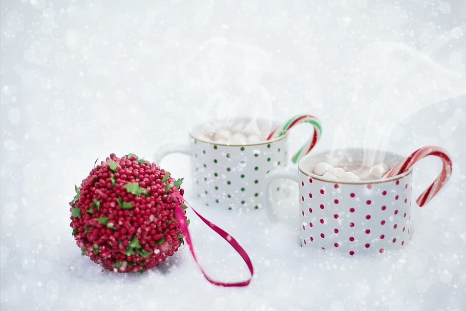 two, white-and-red polka-dot mugs, filled, marshmallows, hot chocolate, snow, scarf, christmas, hot, drink