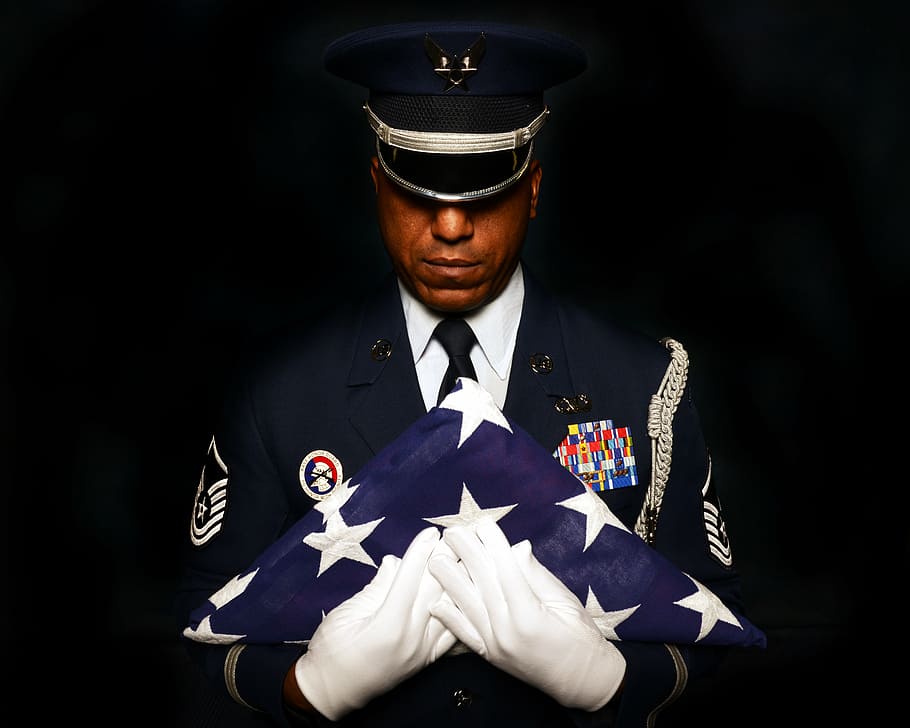 person, holding, folded, u.s.a flag, military, honor, guard, portrait, flag, american