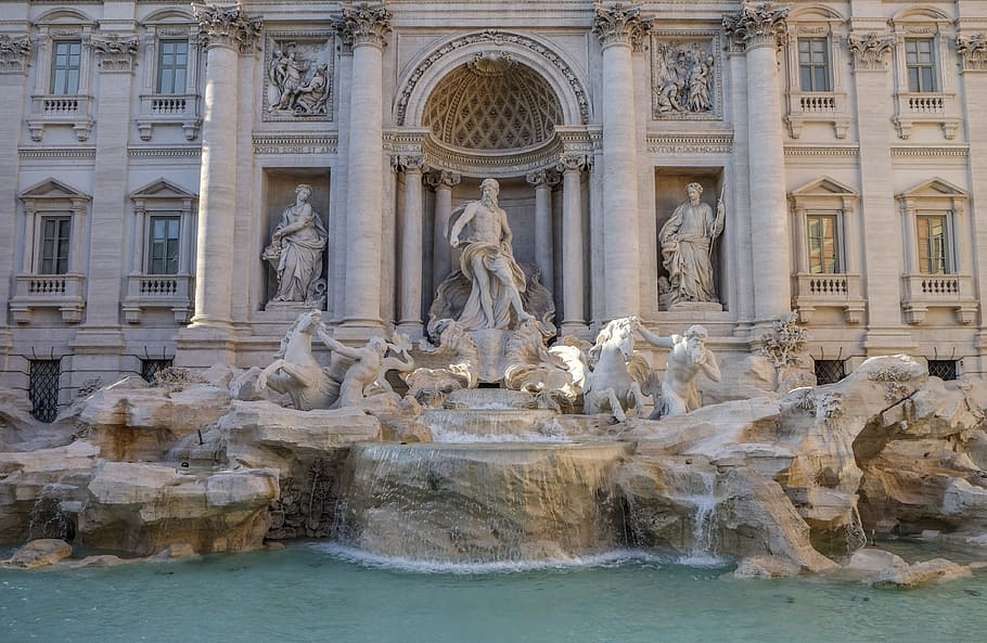 building with fountain, trevi fountain, fountain, rome, art, art and craft, representation, water, human representation, sculpture