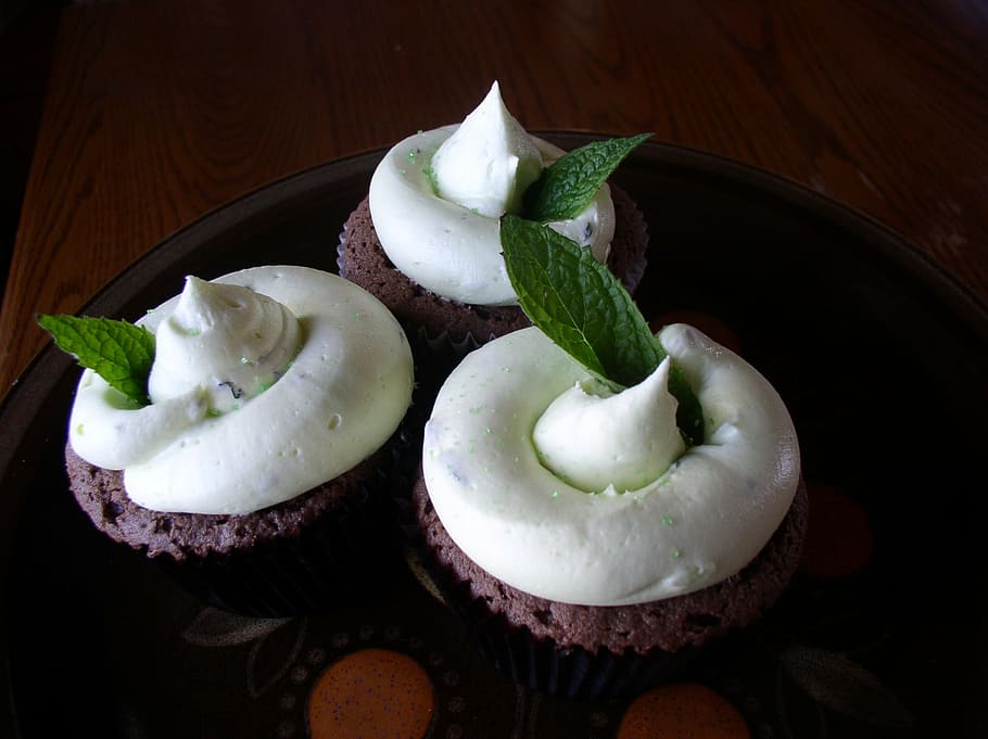 mint flavored cupcakes, baked, decorated, chocolate, iced, icing, sugar, bakery, gourmet, food