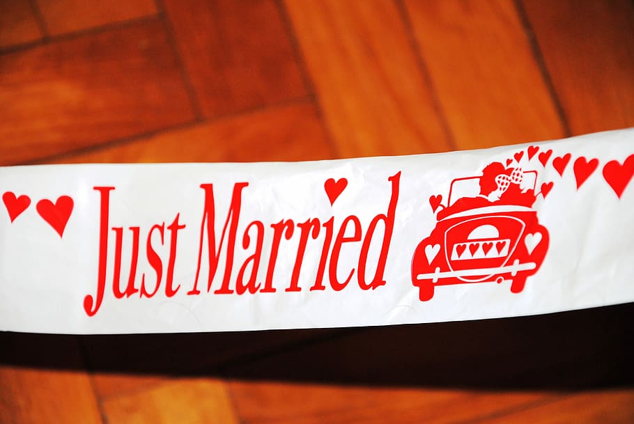 Casamento, recém casado, escudo, banda, feira de casamento, amor, noiva e noivo, ornamento, casar, celebração