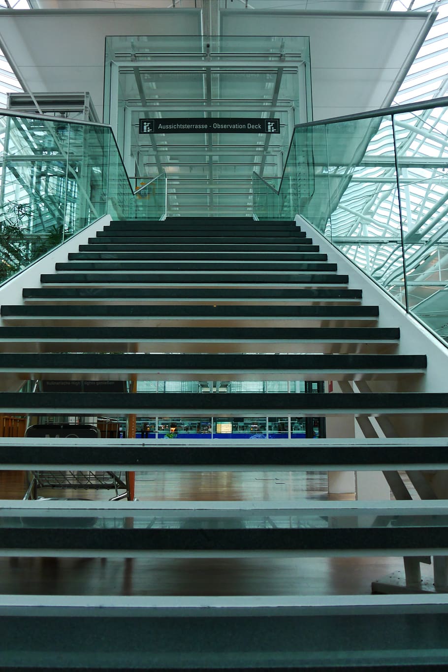 architecture, gradually, airport, perspective, staircase, steps and staircases, indoors, railing, built structure, transportation