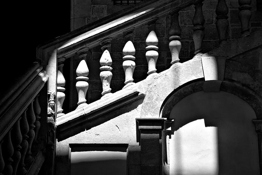 imagen, escalera de piedra iluminada por sombras, capturado, gótico, barrio, ​​sombra, iluminado, piedra, escalera, barrio gótico
