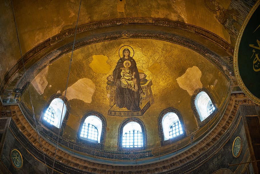 worm-eye, view, dome roof, religious, painting, church, pictures, faith, hagia sophia, historical works