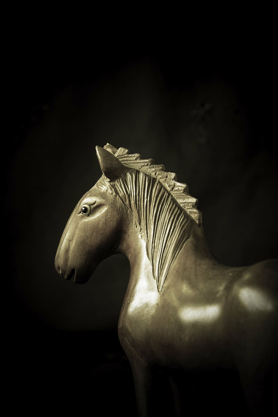 grey horse figurine, horse, troy, wooden, monochrome, moody, legend, mythology, animal, trojan