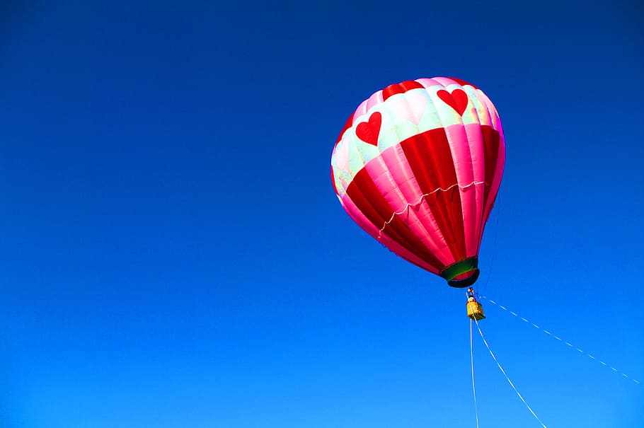 rosa, cinza, quente, balão de ar, azul, céu, balão, balão de ar quente, passeio, céu claro