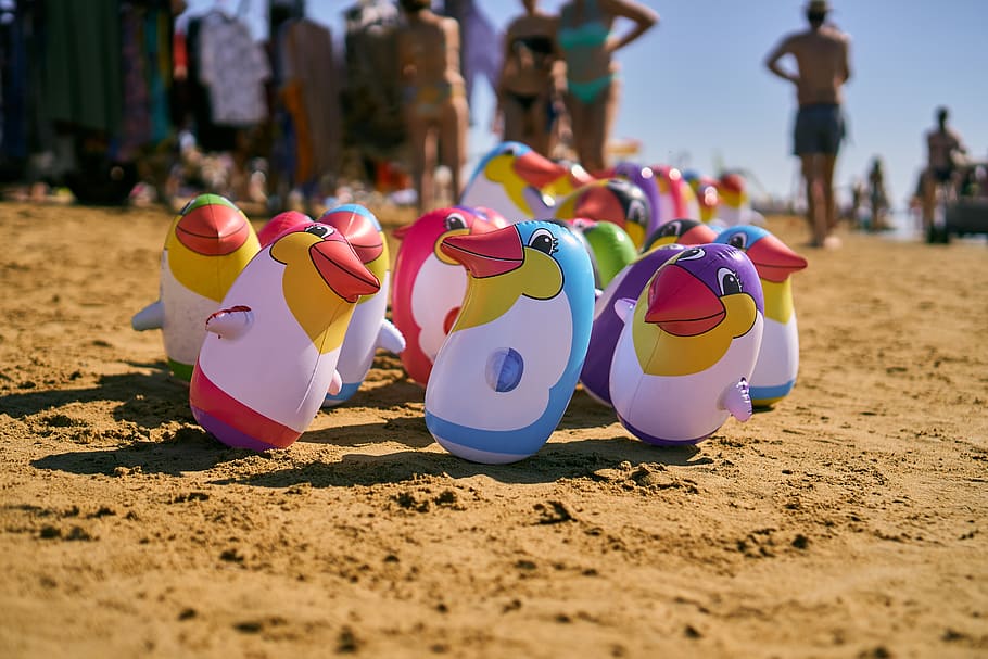 water toys, penguin, water polo, play, fun, children, joy, sand, beach, summer
