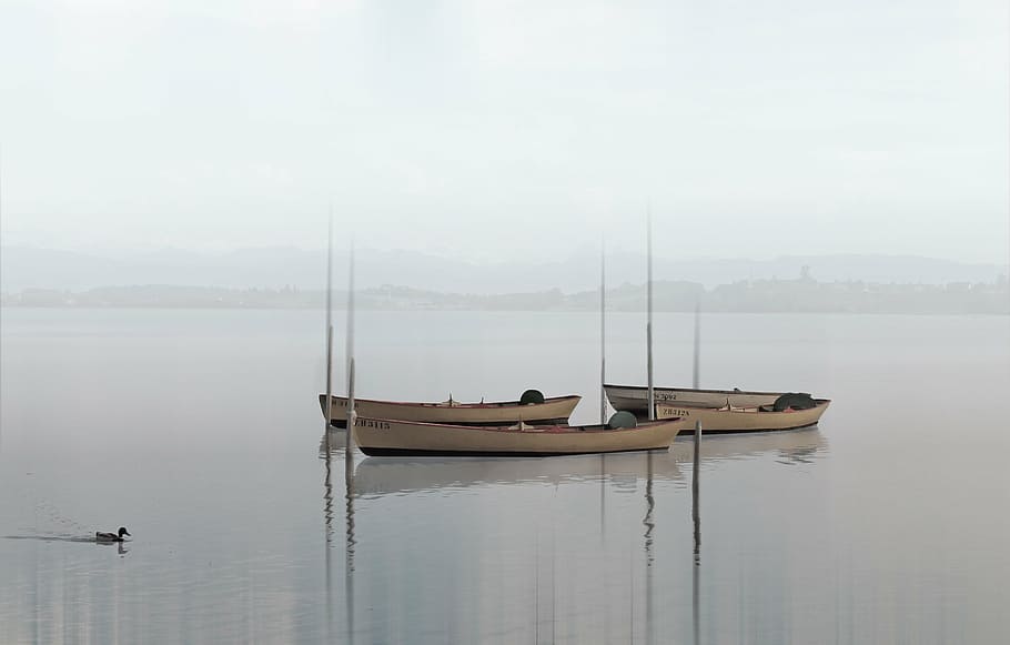 boat, body, water, boats, lake, haze, fog, nature, silent, fishing boats