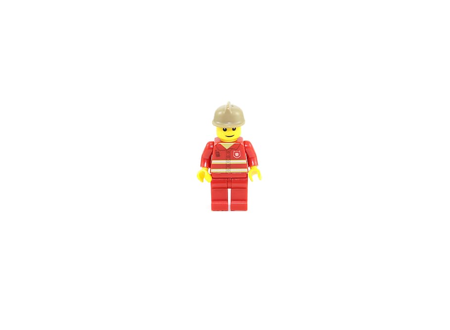 fire fighter mini figure, white, background, Fireman, Lego, Fire, Hero, red, 911, alarm