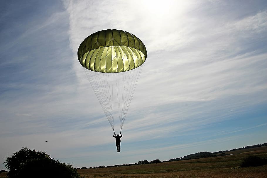 person, parachuting, sky, parachutist, parachute, skydiving, fly, float, blue, paratrooper