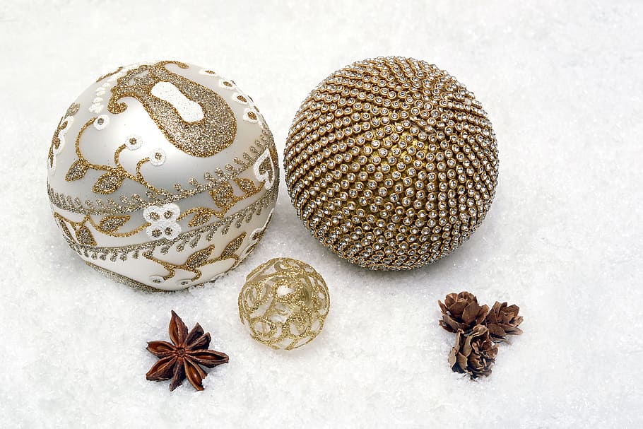 three, brown, white, metal, clear, gemstone, encrusted, decorative, balls, christmas bauble