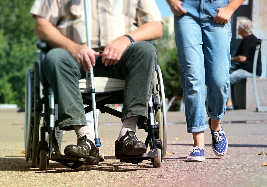 man siting, wheelchair, person, jeans, disabled, pram, legs, help, crutch, gym shoes