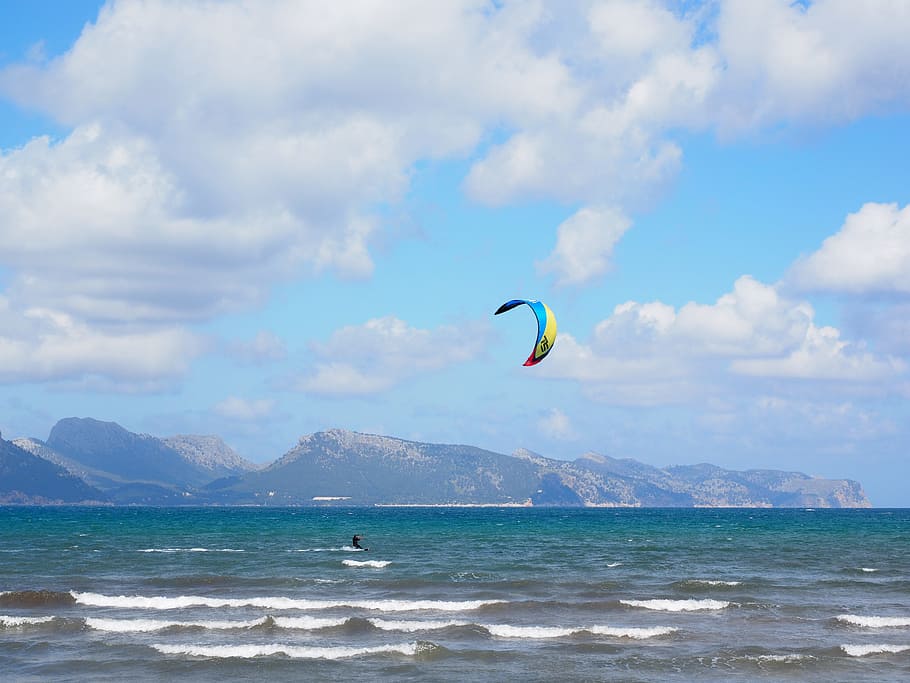 person wakeboarding, blue, sky, kitesurfer, sport, sea, wind, water, bay of pollensa, mallorca