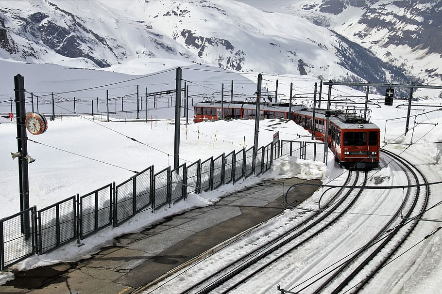 red, train, railway, winter, daytime, pull station, zermatt, gornergrat, snow, clock