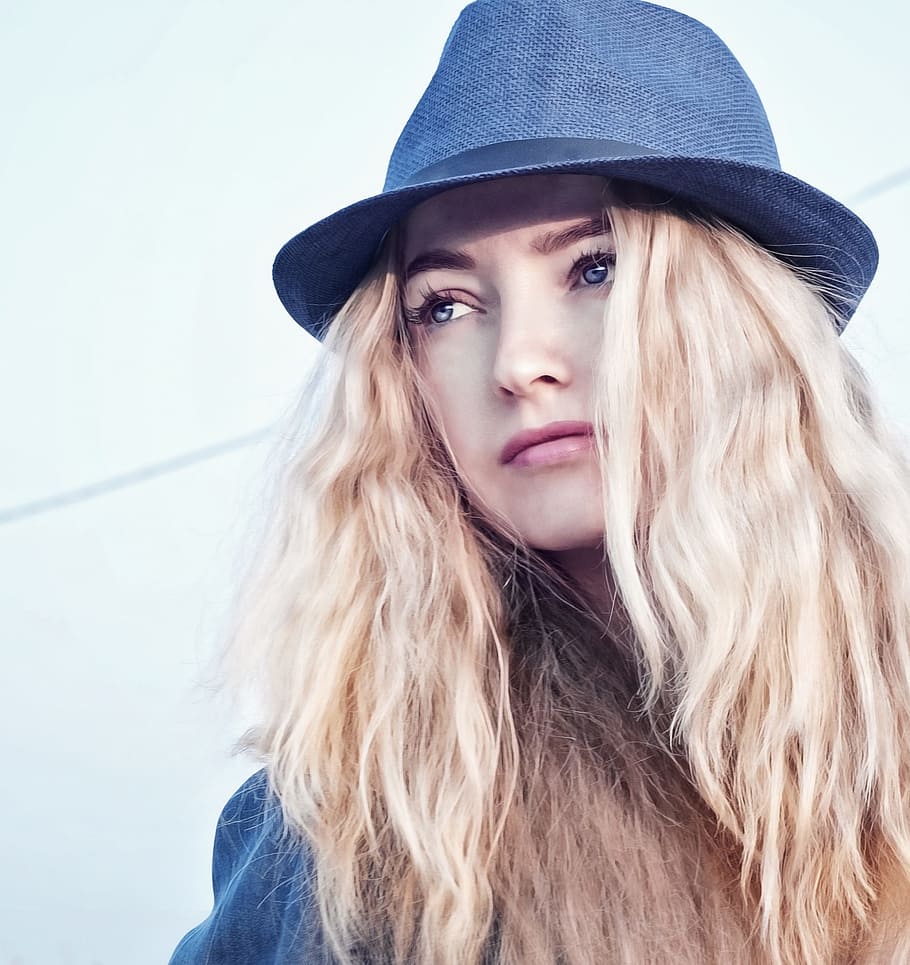 blonde, haired woman, wearing, black, fedora, girl, portrait, figure, hat, person
