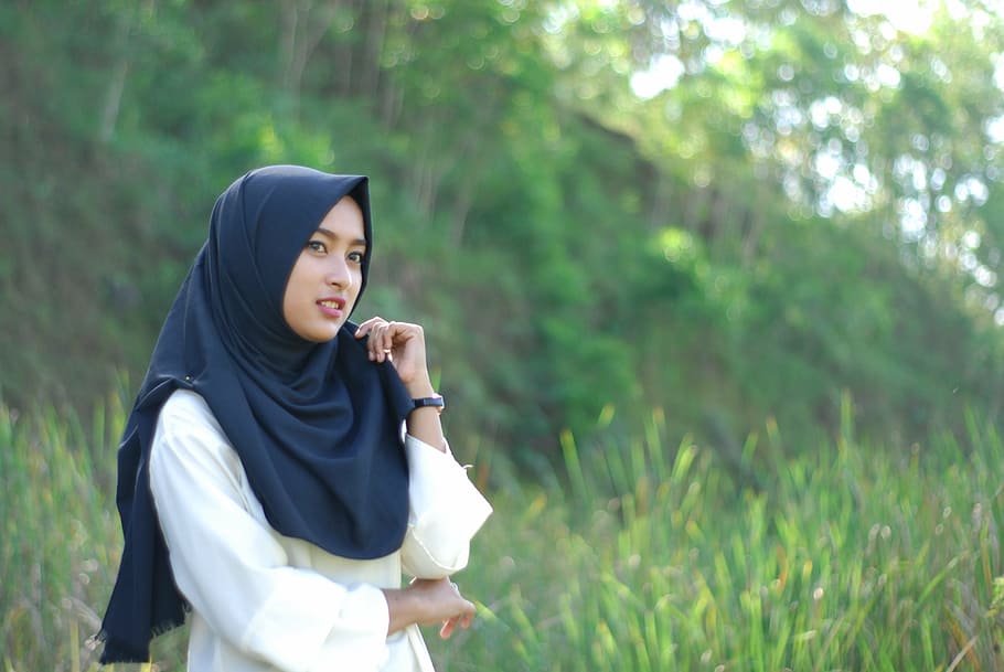woman, wears, black, hijab, surrounded, green, grass, daytime, indonesia, religion